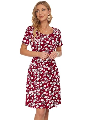 AUSELILY Damen Kurzarm Plissee Loose Swing Freizeitkleid mit knielangen Taschen Rote Blumen S 2