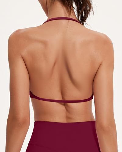 Image of OMKAGI Halter Sports Bras for Women Padded Strappy Bra Open Back Workout Gym Crop