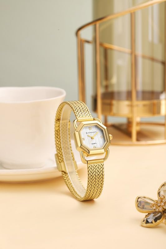 Image of Giordano Analog Quartz Watch for Women with Octagonal Textured Dial, Crystal Hours Markers, Blue Crown and Mesh Metal Strap
