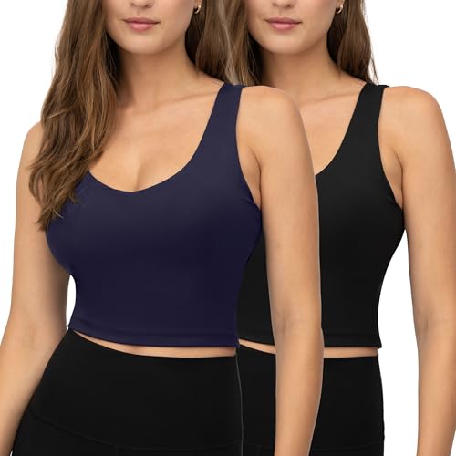90 Degree By Reflex 2 Pack Workout Tank Performance Medium Support Longline Top with Built-in Bra -DarkNavy/Black - XS