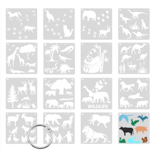 ONEBO 16 Piezas Pintura de Animales,plantilla lavable,DIY Plantilla Decorativa,para Cuaderno, Diario, Pintura De áLbum De Recorte(blanco lechoso)