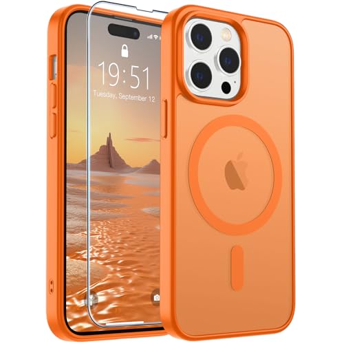 Image of SUPFINE Magnetic for iPhone 14 Pro Max Case with Screen Protector (Compatible with MagSafe) (Military Grade Drop Protection) Translucent Matte Shockproof Phone Cover,Starry Orange