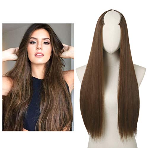 U part Half Wig Synthetic Light Brown Straight Long Clip in Hair Extensions 28" Full Head Synthetic Hairpiece For Women Hair Piece Japan Heat Friendly Fiber