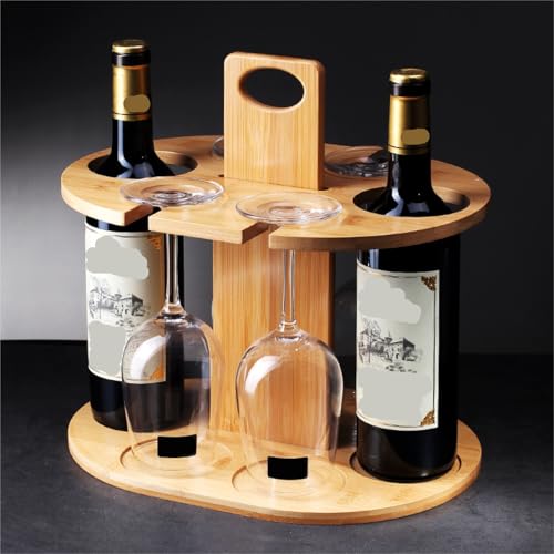 Soporte para botellas de vino de bambú con portavasos miniatura 3