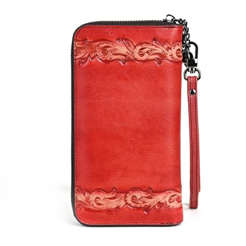 Genuine Leather Women's Wallet Flower Pattern Wristlet Long Wallet Card Holder (Red)3