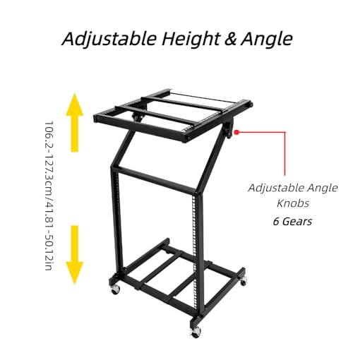 Adjustable Audio Mixer Rack 12U Professional Studio Rack with Wheels, Portable DJ Controller Stand with Adjustable Angle & Height, Music Studio Equipment Iron DJ Rack