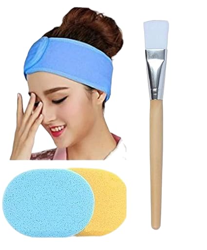 Polycotton Stretchable Elasticized Adjustable Facial Headbands and Face Pack Brush and Face Cleaning Sponges for Women,(Set of 3) - Multicolor-image-48
