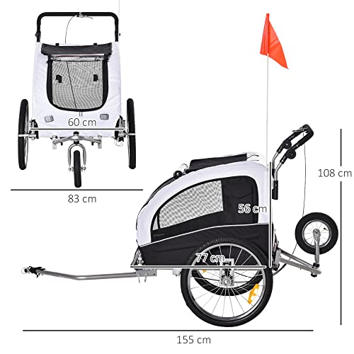 PawHut 2 in 1 Hundeanhänger Jogger Fahrradanhänger Hunde Hunde-Fahrradanhänger Weiß+Schwarz 155 x 83 x 108 cm