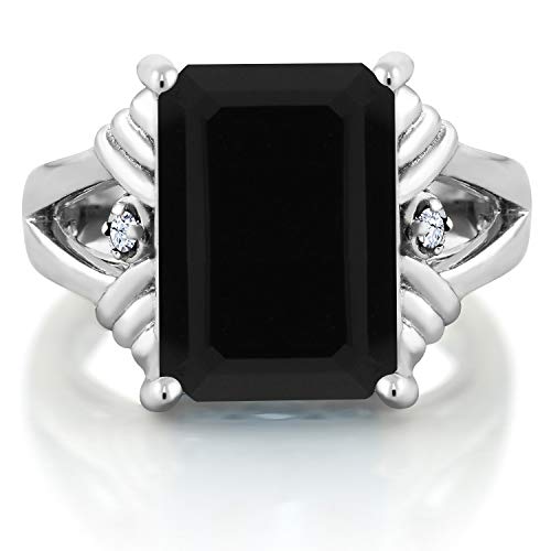 Gem Stone King 6.43 Cttw Black Onyx and White Created Sapphire Engagement Ring For Women | 925 Sterling Silver | Gemstone December Birthstone | Emerald Cut 14X10MM | Available in Size 5,6,7,8,93