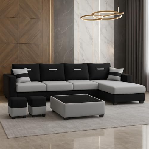 Image of CASASTYLE Adonway 8 Seater Fabric RHS L Shape Sofa Set (Light Grey-Black) Premium Velvet Finish | Ideal for Living Rooms