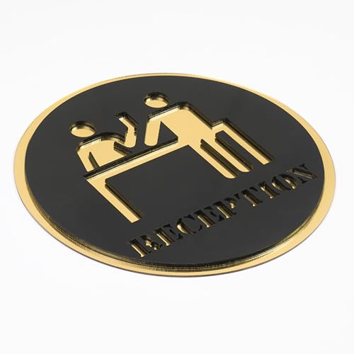 Image of Reception Round Acrylic Signage Sticker - Self-Adhesive Front Desk Sign for Office, Hotel, Clinic, Storefront & Business Spaces - Premium Black Gold Label for Glass & Smooth Surfaces
