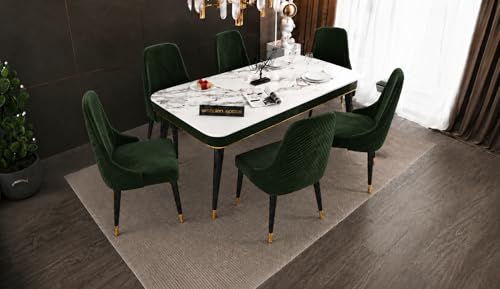 Image of WOODEN SPACE 6-Seater Wooden Dining Table Set | Nano Composite Marble Top | Solid Wood Base | Modern Dining Room Furniture with 6 Chairs (Dark Green Modern Vento)