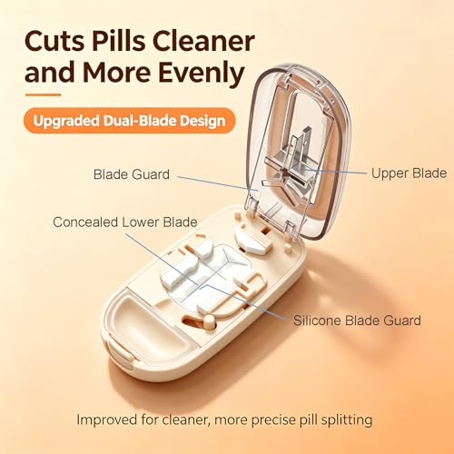 Image of Pill Cutter for Small Tiny and Large Pills, Dual Blade Pill Splitter for Clean and Precise Cuts into 1 /2, 1 /3, 1 /4, with Centering Device, Storage Organizer, Portable & Easy-Grip Design