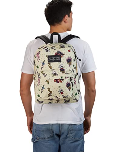Image of JanSport SuperBreak Plus Backpack with Padded 15-inch Laptop Sleeve and Integrated Bottle Pocket - Spacious and Durable Daypack for Work and Travel - Traditional Tats