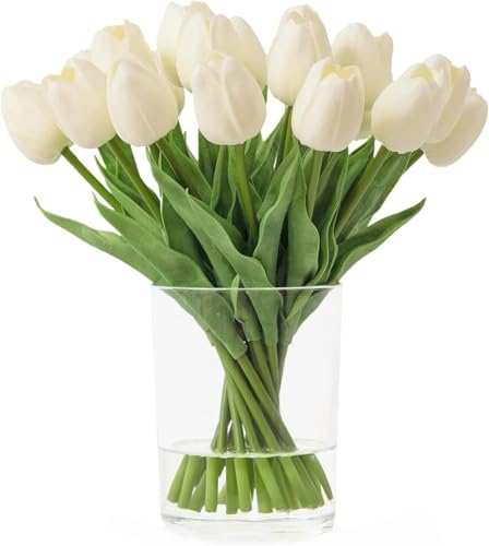 JIXUAN 12 PCS Milky White Tulips Artificial Flower Festive Deco
