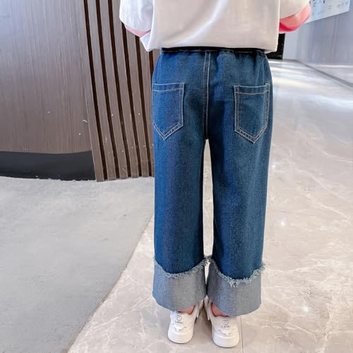 Girls Stretch Waist Jeans | Toddler Straight Leg Denim Pants with Roll-Up Cuff & Strawberry Embroidery | Comfortable4