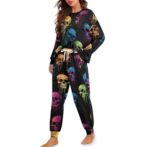 TOFRIMADE Conjunto de pijama con cordón para mujer, conjunto de pijama de manga larga de 2 piezas, ropa de descanso cómoda, ropa de dormir moderna y acogedora, Calavera colorida., XXL