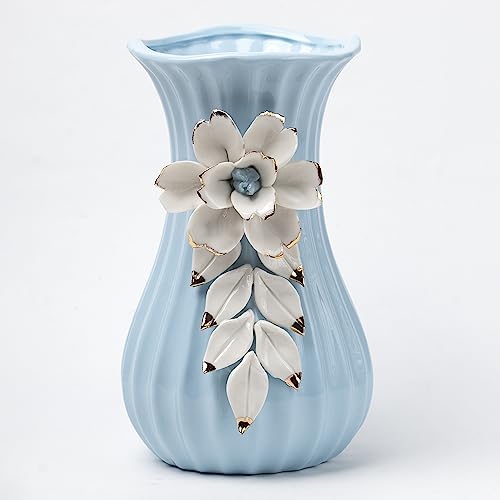 Image of Market99 Blue Ceramic Curvy Vase | Engraved Floral Pattern Flower Holder | Stylish, Handcrafted Vase for Flowers, Indoor Centerpieces, and Office Decor Idea for Housewarmings, Weddings