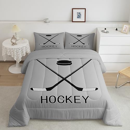 Erosebridal Ice Hockey Queen Bedding Set, Winter Ball Puck Comforter Set Sport Games Down Comforter for Kids Boys Teens Men, Equipments Stick Quilted Duvet Ice Hockey Room Decor, Grey Black