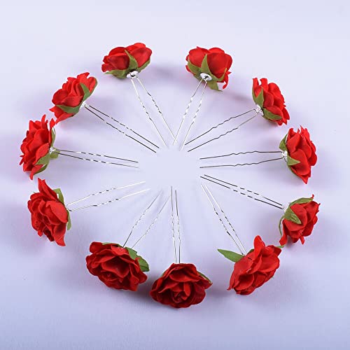 6PCS Women Red Rose Flower Hairpins Hair Fork Clips U Shaped Bridal Head Bobby Pins Sticks Floral Clips Mexican Hair Rose Barrettes for Lady Girls Wedding Party Dance (Small - Image 4