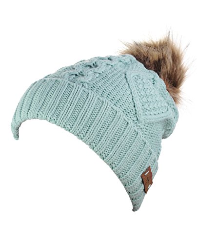 ANGELA & WILLIAM Women's Faux Fur Pompom Fleece Lined Knitted Slouchy Beanie Hat - Mint