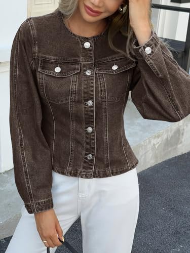 Tankaneo Womens Cropped Jean Jacket Trendy Crewneck Button Down Short Denim Jacket Y2k Slim Fit Casual Shacket4