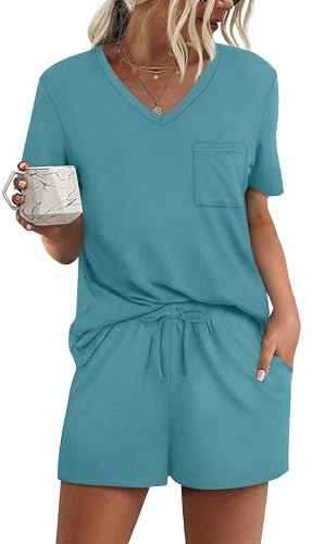 Image of RUBZOOF Women's Short Sleeve Pajama Sets with Pockets Casual V Neck 2 Piece Lounge Sets S-3XL