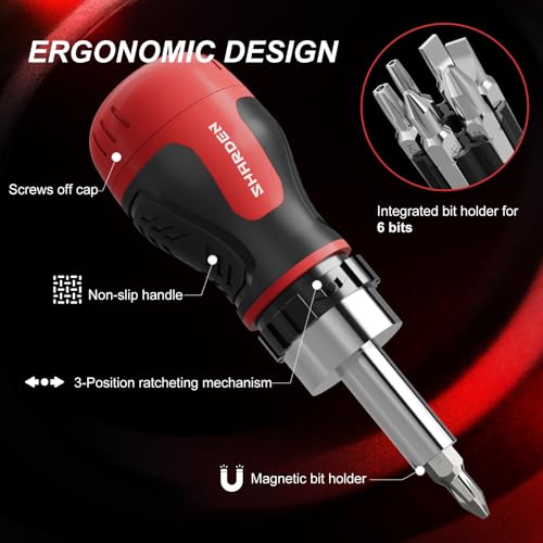 Image of SHARDEN 8 in 1 Stubby Ratcheting Screwdriver Multi Short Screw Driver Set with 6 CRV Bits Phillips, Slotted, Torx, Portable All-in-One Repair Tool Kit for Home DIY Tables, Doors, Chairs