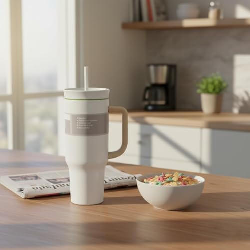 Image of HomeCloud 1200ml Insulated Coffee Tumbler with Lid - Double Wall Travel Mug for Hot & Cold Drinks, Leak-Proof, Durable, Portable, Stylish Stainless Steel Design (White with Brown Handle)