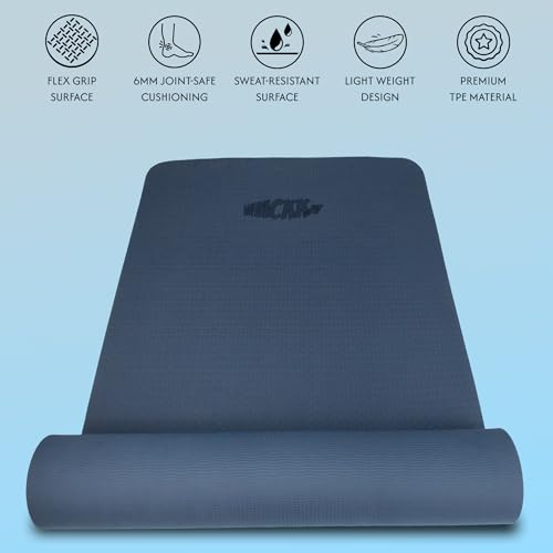 Image of Whackk TPE 6mm Alignment Yoga Mat |Navy Blue|TPE Non-Slip Yoga & Exercise Mat with Carry Strap|Non toxic Lightweight, Eco-Friendly I Yoga & Pilates Exercise Fitness