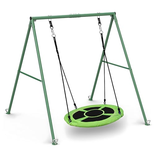 PACEARTH 440lbs Capacity Flying Saucer Swing Set with Heavy Duty A-Frame Metal Swing Stand, Full Steel, Outdoor for Kids, Backyard, Playground, Outdoor,Green