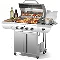 COWSAR 4-Burner Gas Grill, 42000 BTU BBQ Grill, Stainless Steel Barbecue Grill with Side Burner, Enameled Cast Iron Grill, Pull-Out Oil Tray, Suitable For Outdoor, Backyard Barbecues