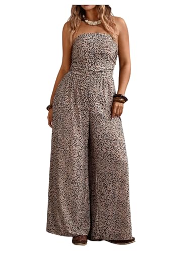 Verdusa Women's Plus Size Leopard Strapless Jumpsuits Wide Leg One Piece Rompers Brown Large Plus