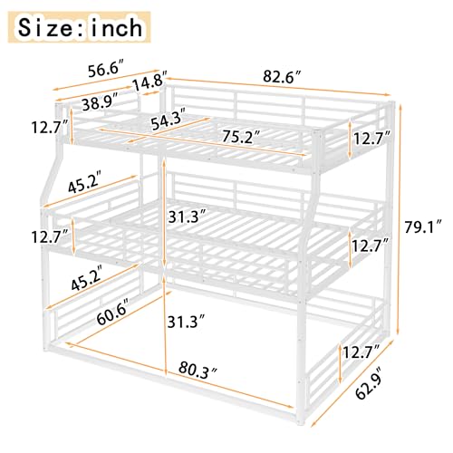 Image of Full Over Queen Over Queen Bunk Bed with Safety Guardrails, Modern Metal Triple Bed Frame for Kids, No Box Spring Required, White