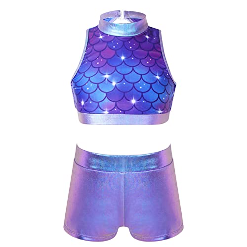 TTAO Kids Girls Jazz Hip Hop 2PCS Dancewear Outfit Sequins Crop Top with Metallic Shorts Set Performance Dance Costume Purple Fish Scales 6 Years