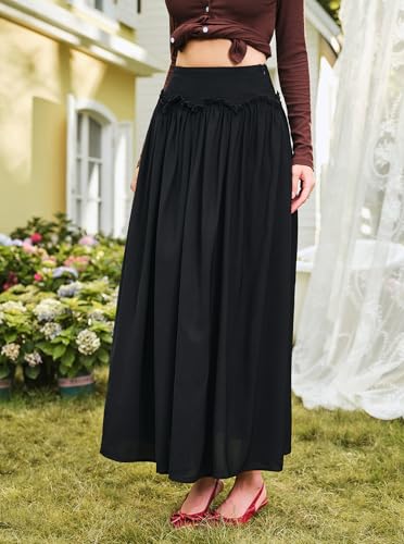 Casual Boho A-Line Ruffle Trim Pleated Maxi Skirt High Waisted Flowy Swing Long Skirts for Women Trendy2