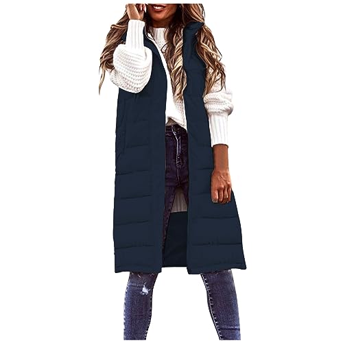 Long Puffer Vest for Women Padded Sleeveless Coat Quilted Hooded Vest Winter Warm Puffy Coats Outerwear with Pockets2