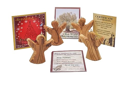 Olive Wood Hanging Angel Ornament Set of 4 Pcs, Christmas Tree Decoration, Guardian Figurines From...