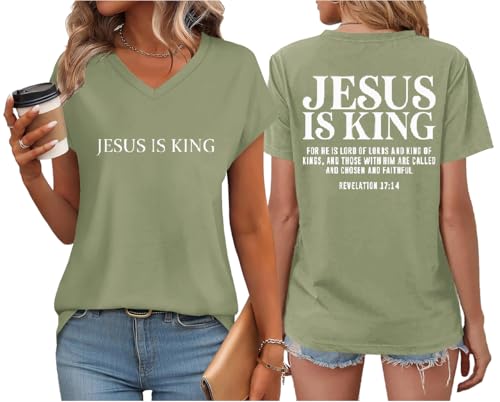 Jesus is King Christian Shirts for Women Faith Religious Shirt V Neck Inspirational Graphic Tees Tops Green