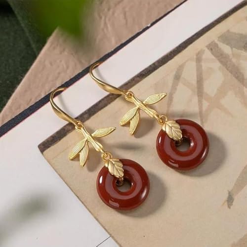 Pendientes de botón de plata S925 con jade rojo natural y hebilla Ping An 3