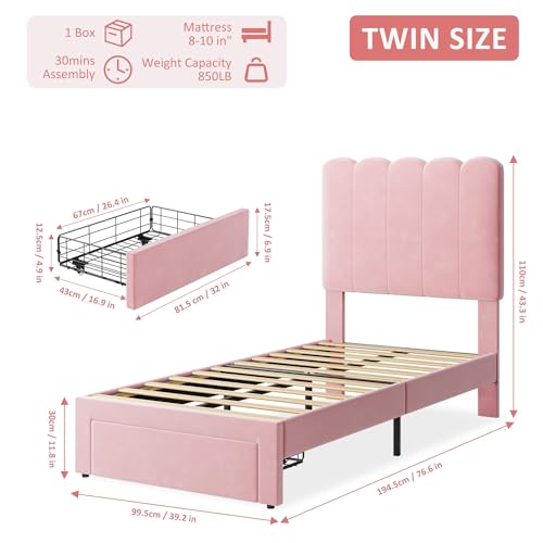 GarveeHome Twin Bed Frame with Under-Bed Drawer, Upholstered Platform Bed with Wave Headboard for Kids/Girls, Wooden Slats Support, No Box Spring Needed, Velvet Pink