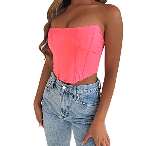 Women Sexy Bustiers Corsets Strapless Off Shoulder Tank Vest Clubwear Crop Tops Bodycon Slim Push Up Tank Vest Pink