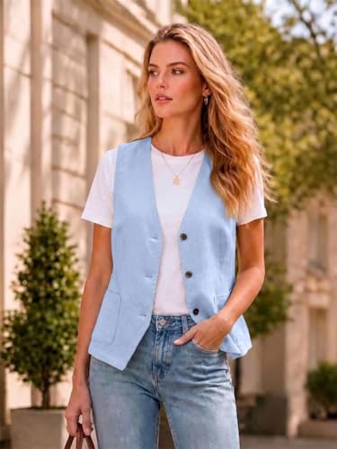 Chaleco de lino de algodón para mujer chaqueta ligera sin mangas azul claro 2