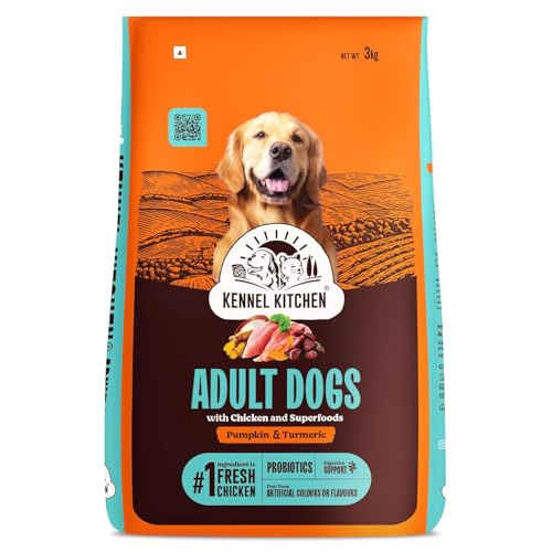Image of Kennel Kitchen Dry Dog Food Adult 3 Kg | Fresh Chicken with Superfoods - Pumpkin & Turmeric | Probiotics for Digestive Support | No Artificial Colors or Flavours | Complete & Balanced for All Breeds