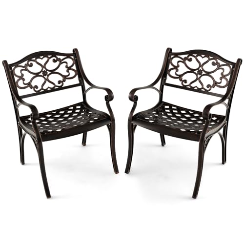 GIANTEX 2er Set Gartenstuhl, Garten Bistrostuhl wetterfest aus Aluminiumguss, Garten Essstuhl Balkonstuhl Terrassenstuhl ergonomisch mit Rücken- & Armlehnen, Gartensessel Antik bis 150kg belastbar (B)