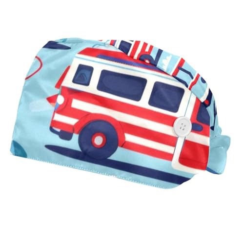 2 Pcs Fire Trucks Plane Working Cap with Buttons Sweatband Adjustable Hats Tie Back Hats