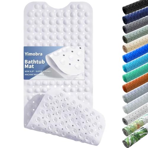 Image of Yimobra Long Bath Tub Mat Non-Slip 40"x16", Super Strong Suction Cups, Shower Mat with Drain Holes, Machine Washable Bathroom Floor Mat, Bathroom Essentials, White