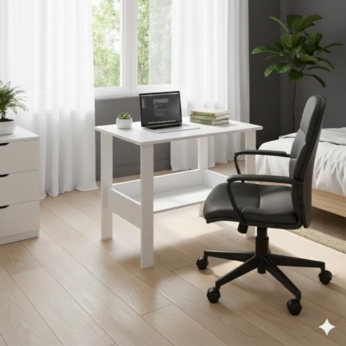Purple Furniture Modern Computer Desk with Storage Shelf, Home Office Table (80 x 40 x 75 cm, DIY Assembly, Wood Finish) (Forsty White)