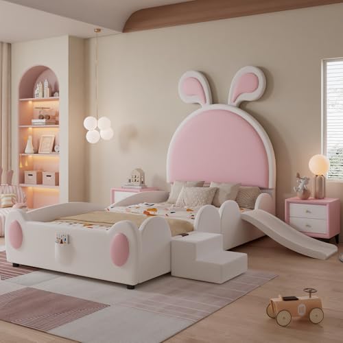 Merax Kinderbett Polsterbett 90x200cm, Einzelbett Bettgestell mit Hasenohrenform Kopfteil, kleiner Treppe und Kinderrutsche, Stabil Lattenroste, süßes Mädchenbett, Jugendbett, Bodenbett, PU, Weiß&Rosa