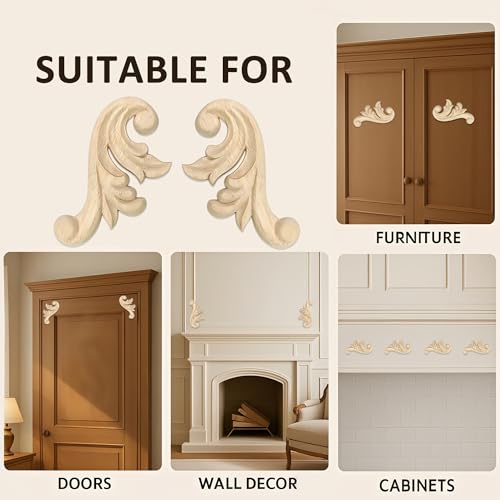 Image of 8Pcs Decorative Wood Flower Carved Appliques Corner Onlay 2.1x4.1inch DIY Unpainted Wooden Carved Corner Decal for Furniture Wardrobe Mirror Photo Frame Closet Decoration